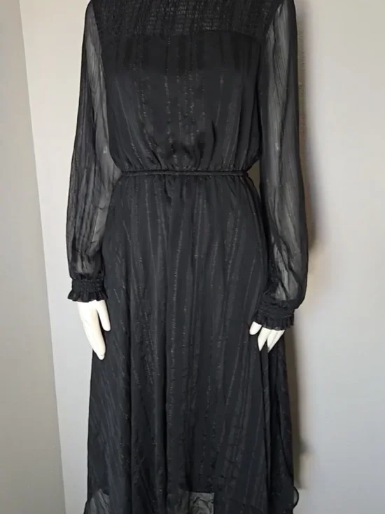 Nanette Lepore Sheer Long-Sleeve Handkerchief Hem Dress, Black w Silver, Sz 8 - Picture 2 of 9